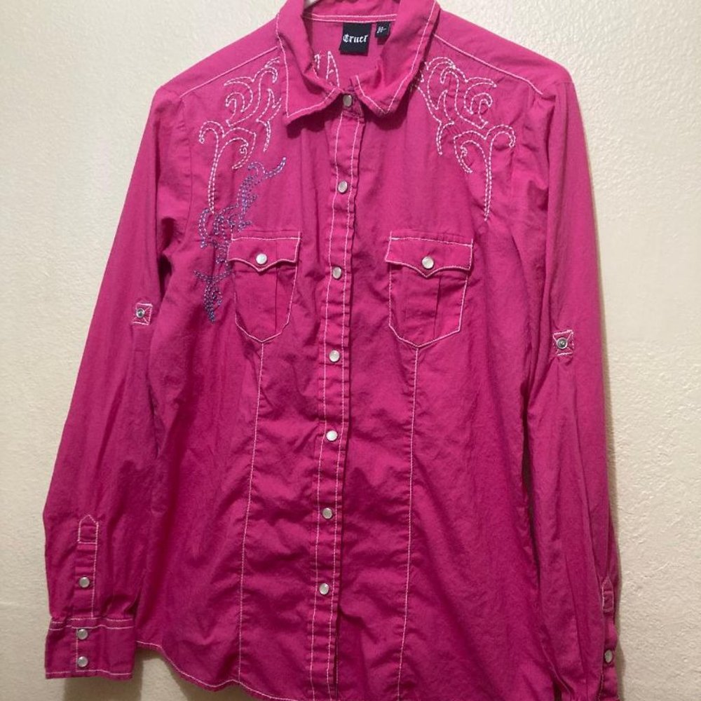 Cruel Brand Men's Pink Embroidered Embellished Pearl Snap Shirt Size Large